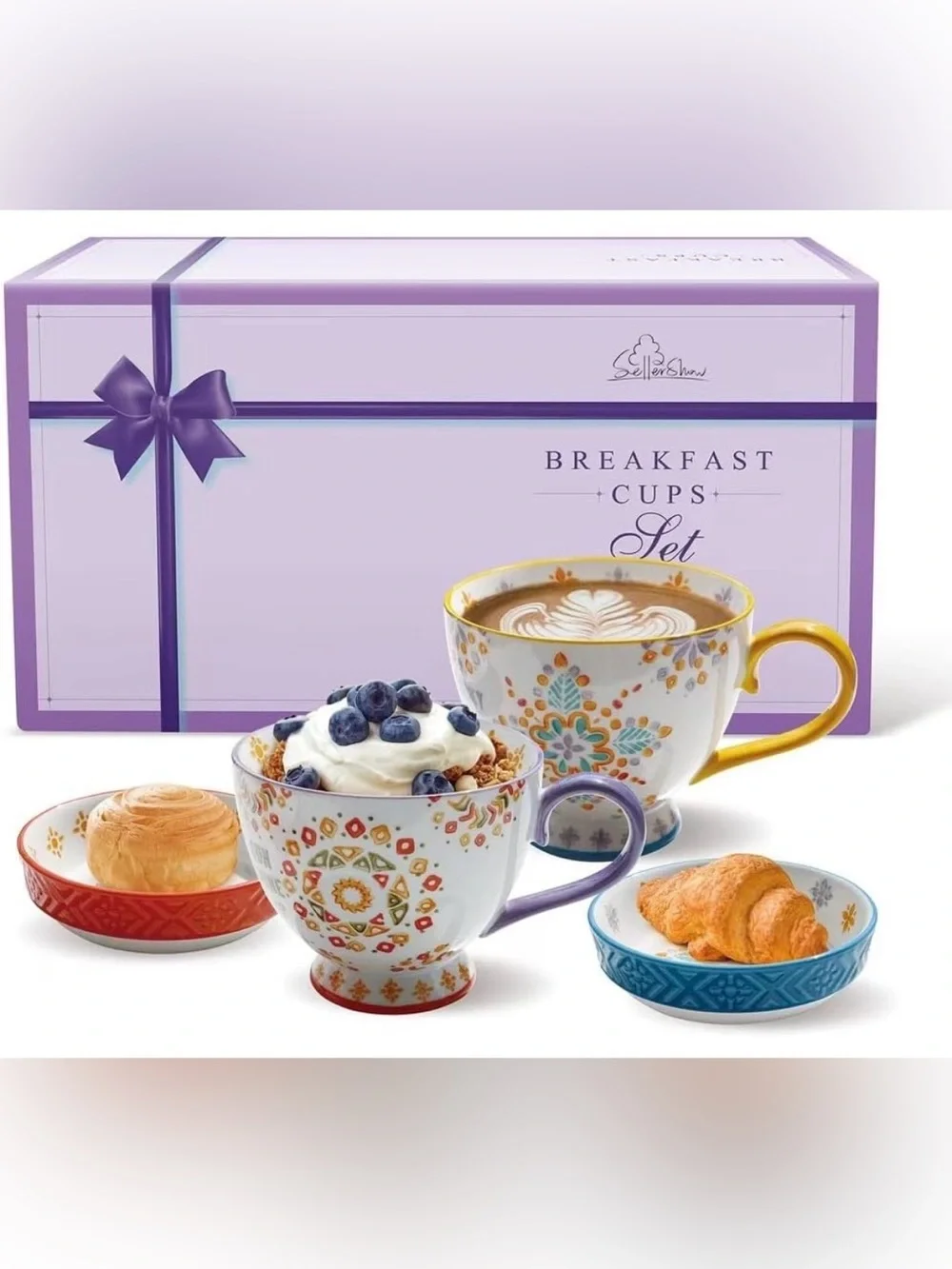 Ceramic Coffee Mug Set of 2 – 15 oz Mugs + Saucers